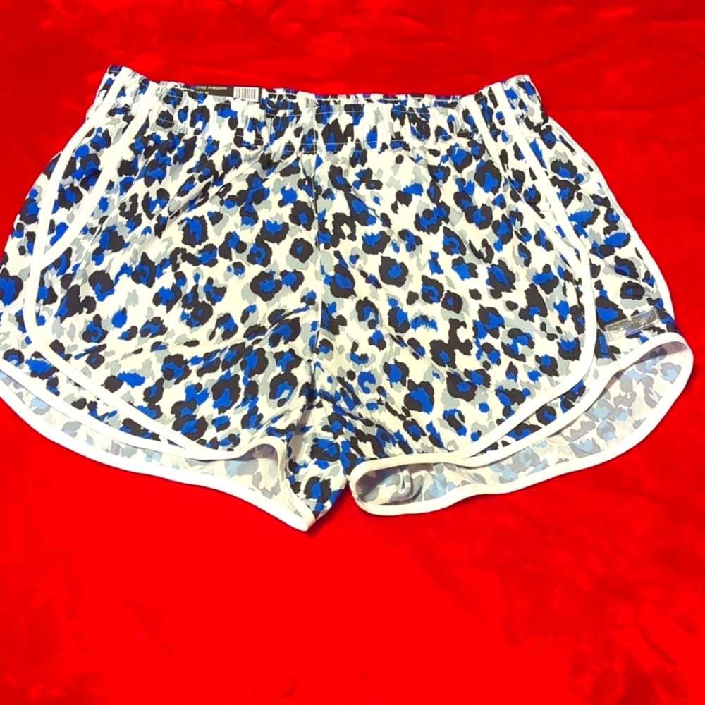 CALVIN KLEIN RUNNING SHORT, BLUE LEOPARD PRINT, LINED, 2 FRONT,  MEDIUM